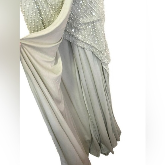 NWT $598 Mac Duggal Pearl Embellished Soft Tie One Shoulder Gown Mint Green Teal - Picture 11 of 14